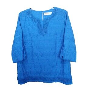 Alfred Dunner Woman Blue Lace Embellished Semi-Sheer Split Neck Tunic Size 20W